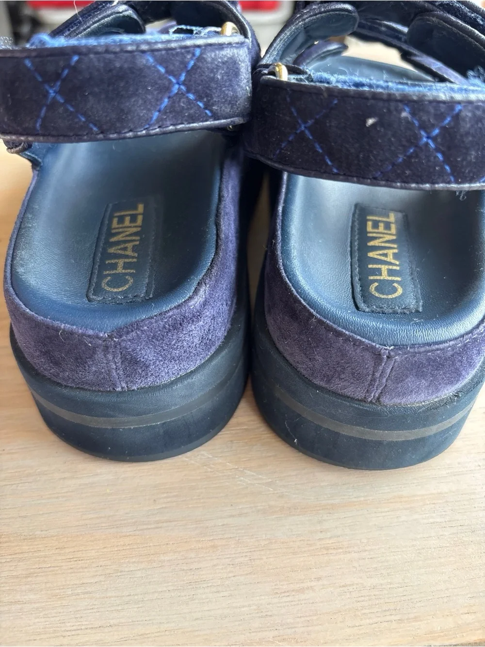 CHANEL Dark Blue Suede Quilted Platform Sandals